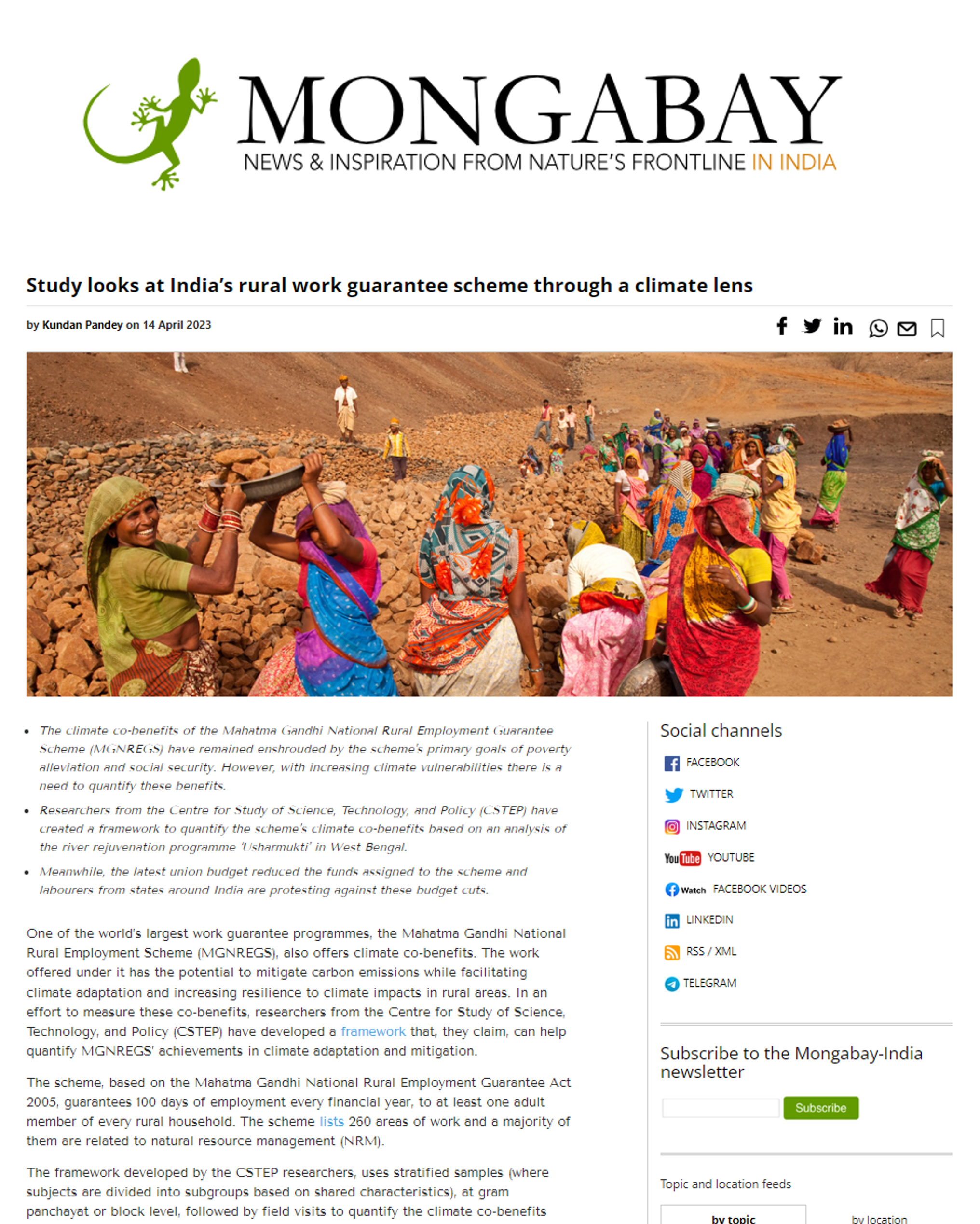 CSTEP’s study mentioned in and Tashina Madappa quoted by Mongabay on the climate co-benefits of MGNREGS